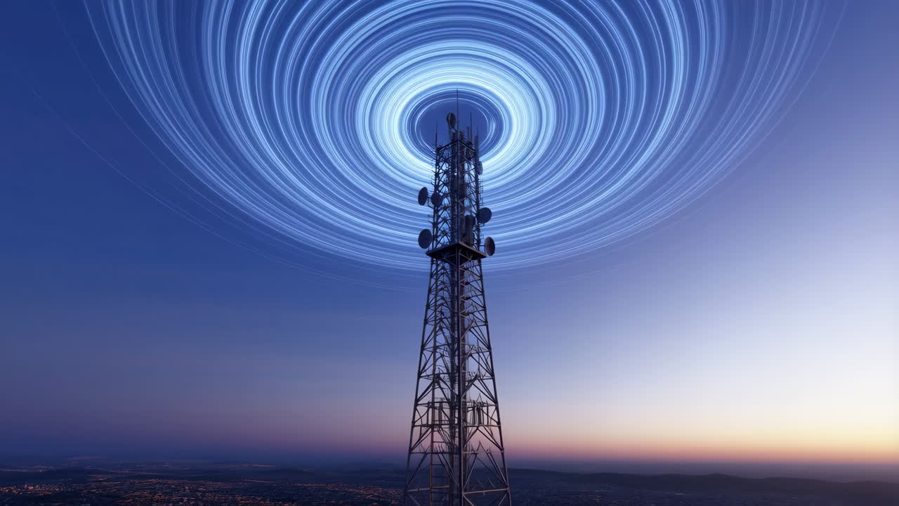 Communication Tower with Glowing Wireless Signal at Twilight
