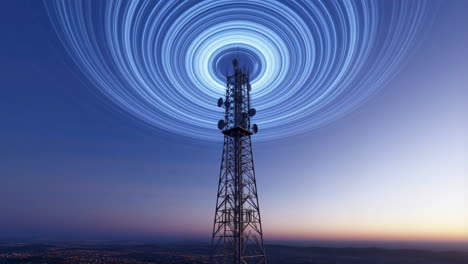 communication tower with glowing wireless signal at twilight