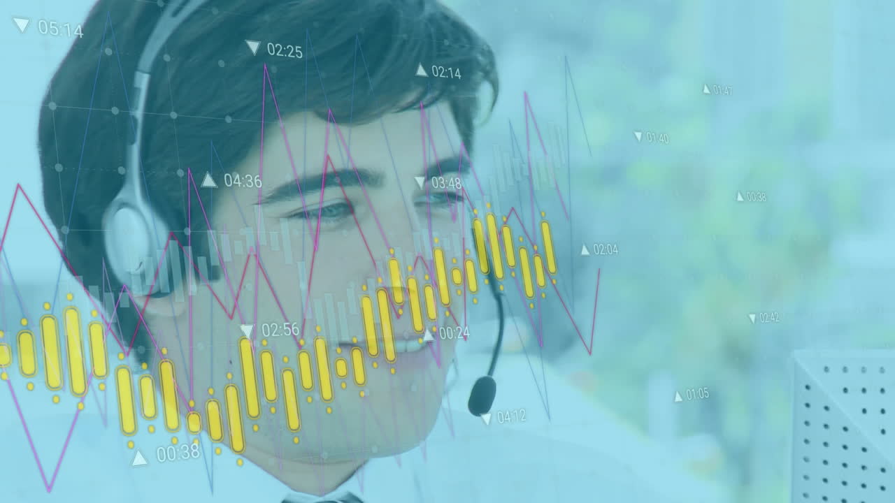 휴대폰 헤드 ⁇ 으로 이야기하는 행복한 백인 남성에 대한 통계 데이터 처리 애니메이션