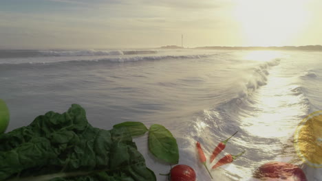 animation of ocean waves crashing with leaves and flowers in foreground
