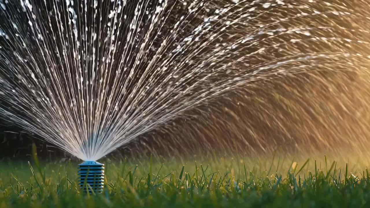Close-up, low-angle shot of a sprinkler watering grass at sunset, capturing water droplets