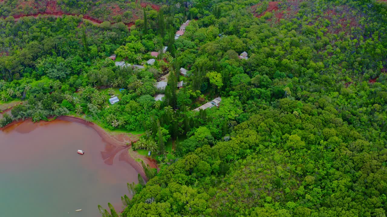 un dron voló hacia atrás sobre un pequeño pueblo perdido en la madera tropical cerca del mar