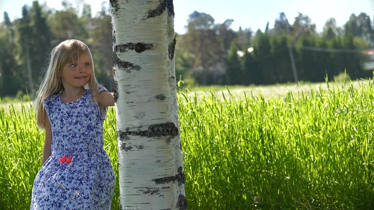 정적인 초상화, 자작나무 옆에 서 있는 여름 드레스를 입은 어린 소녀, 목가적인 여름 초원, 카메라를 바라보고