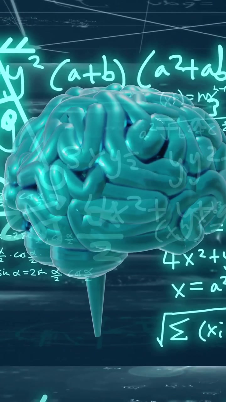 Animazione di un cervello con equazioni e formule matematiche su sfondo scuro