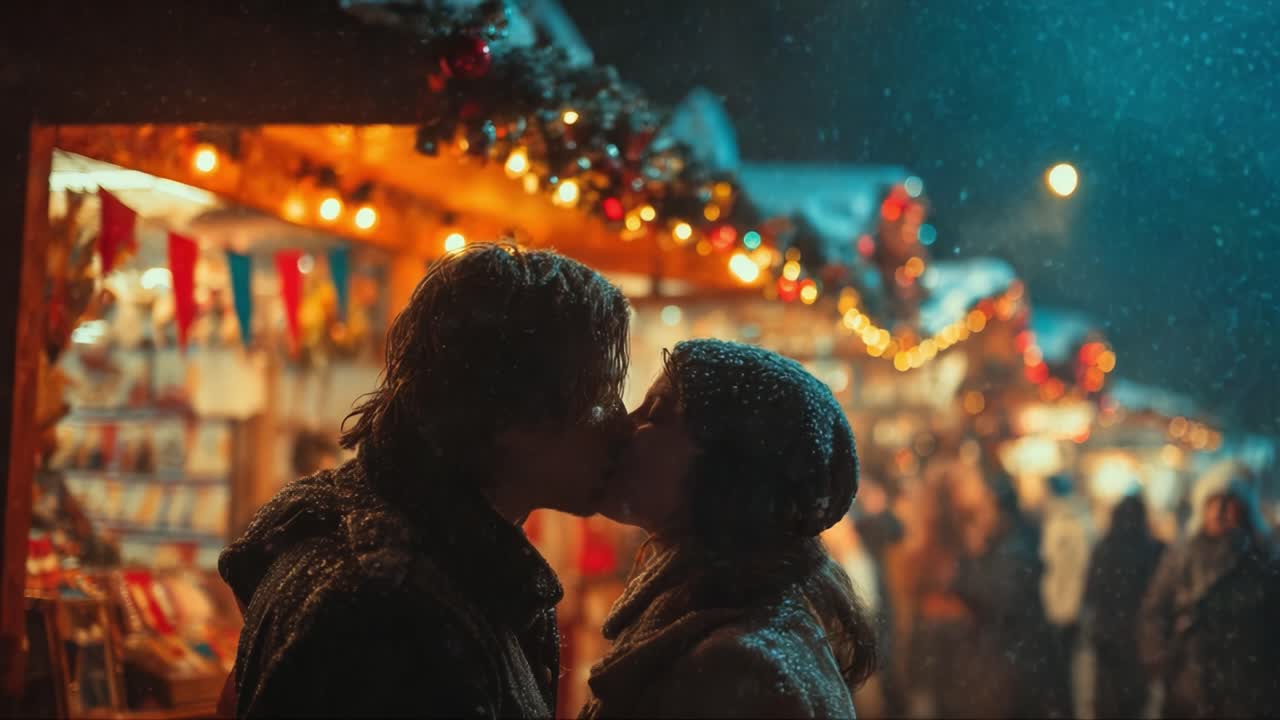 A Romantic Winter Kiss: Capturing the Intimacy of Love Amidst a Festive Market Setting with Glowing Lights and Falling Snowflakes
