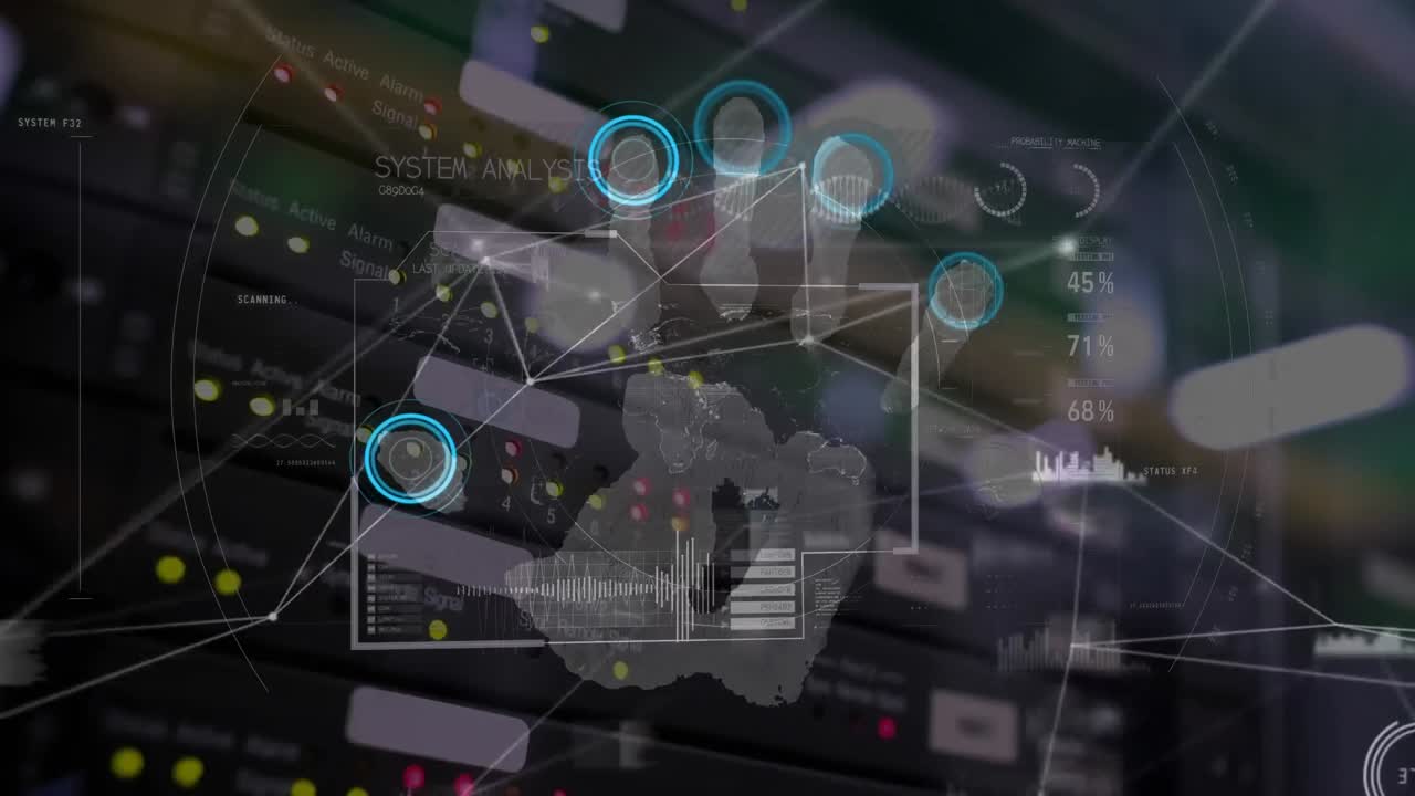 animación de la red de conexiones y procesamiento de datos sobre un fondo oscuro