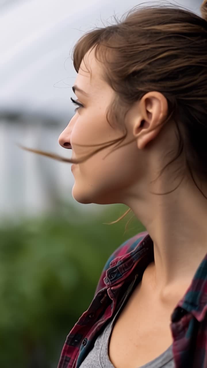 Ritratto di una giovane donna con un sorriso naturale, che indossa una camicia a quadri su uno sfondo verde, catturando un momento di gioia e semplicità nella vita di tutti i giorni.