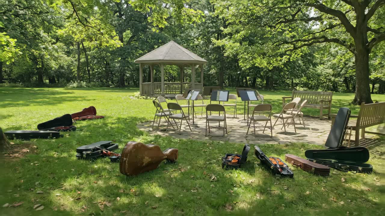 Allestimento per concerto all'aperto con sedie vuote e custodie di strumenti