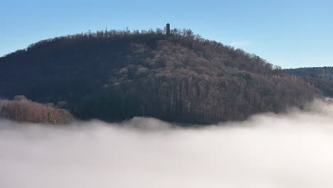 Morning-fog-slowly-moving-below-a-densely-forest-at-Sunneberg-Maispach-Switzerland-on-a-sunny-day