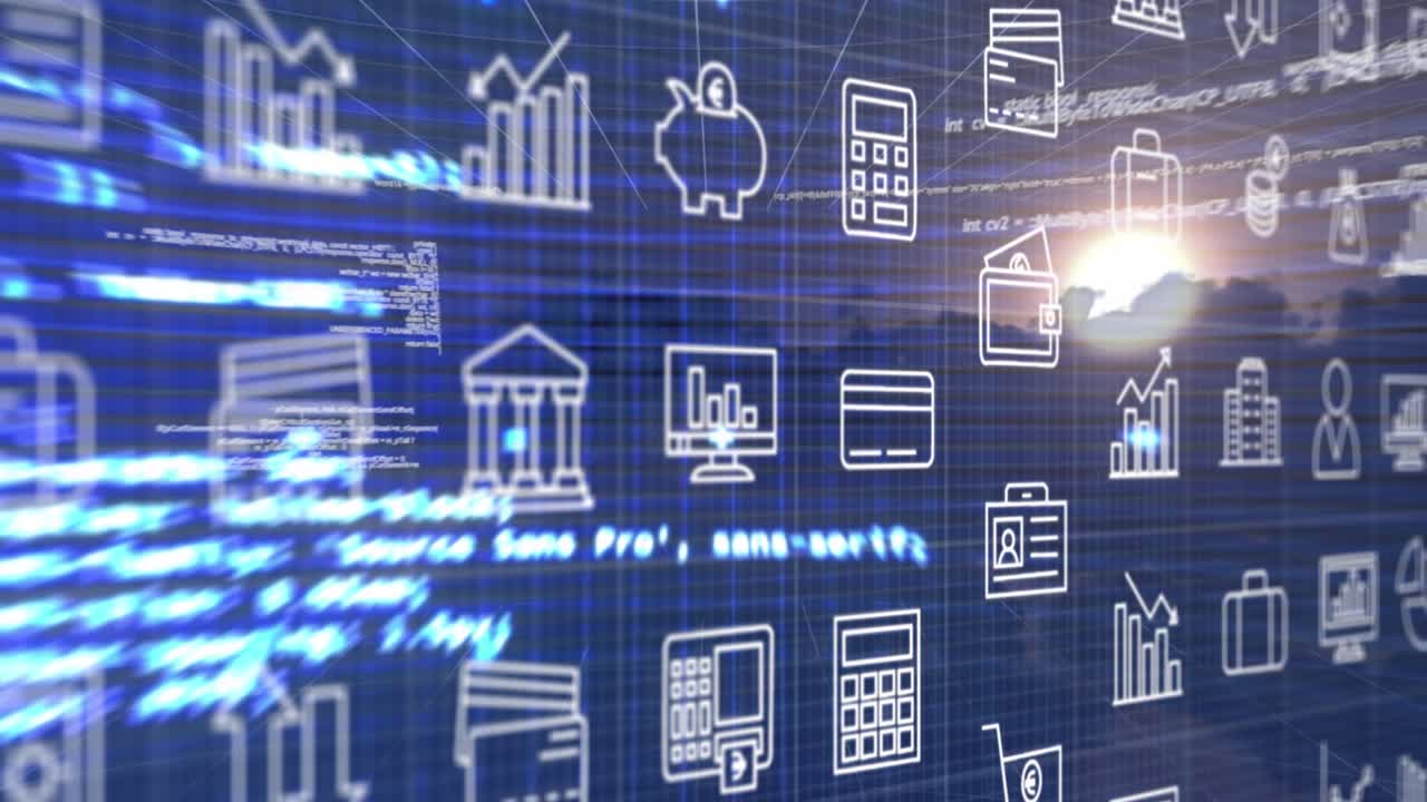 Animation of tech icons over screen with data processing on blue background