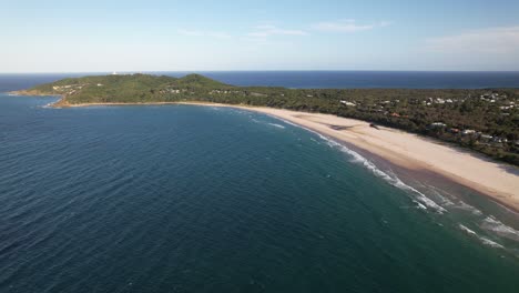 byron beach on coast of byron bay in new south wales, australia. wide aerial shot