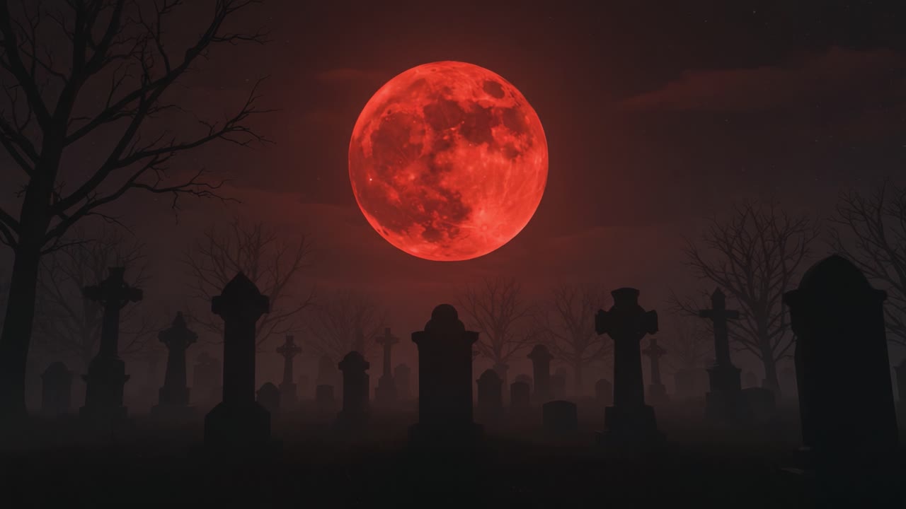 Una scena inquietante di un cimitero sotto una luna di sangue, che illumina le sagome di vecchie lapidi e alberi spettrali in un'atmosfera sinistra.