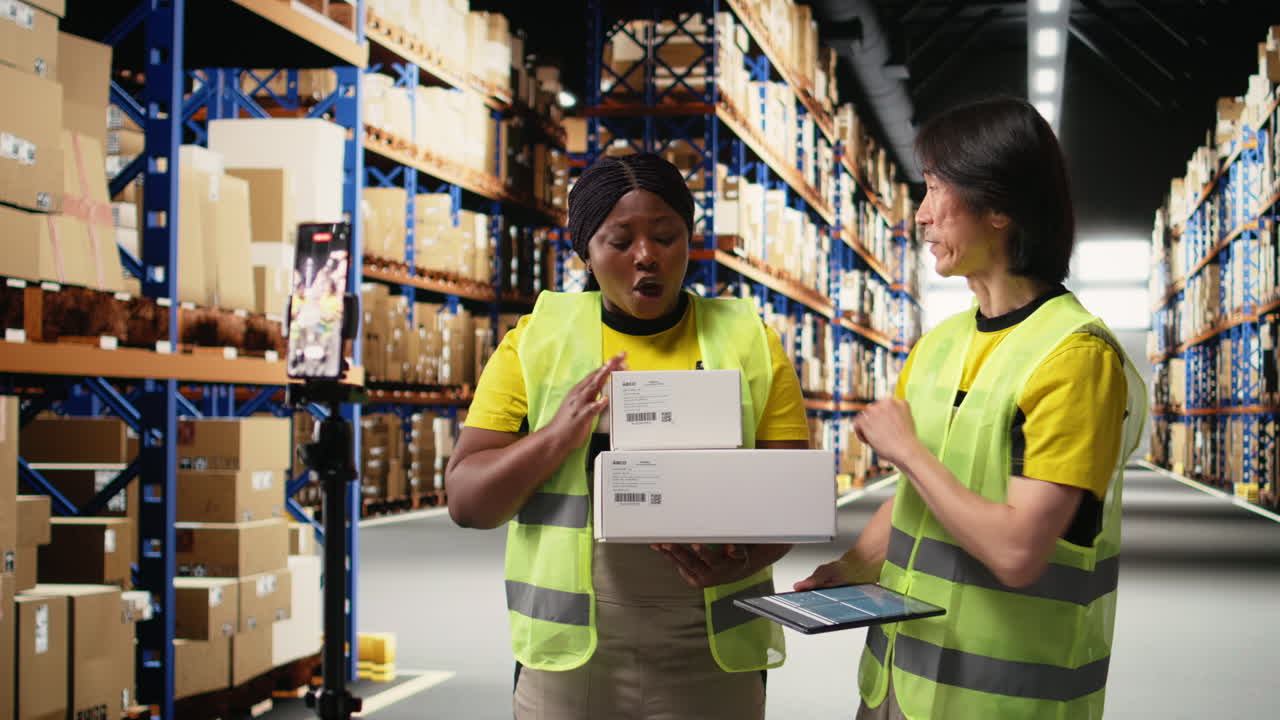 Vertical Video African american and asian team presenting cargo goods on a live stream video