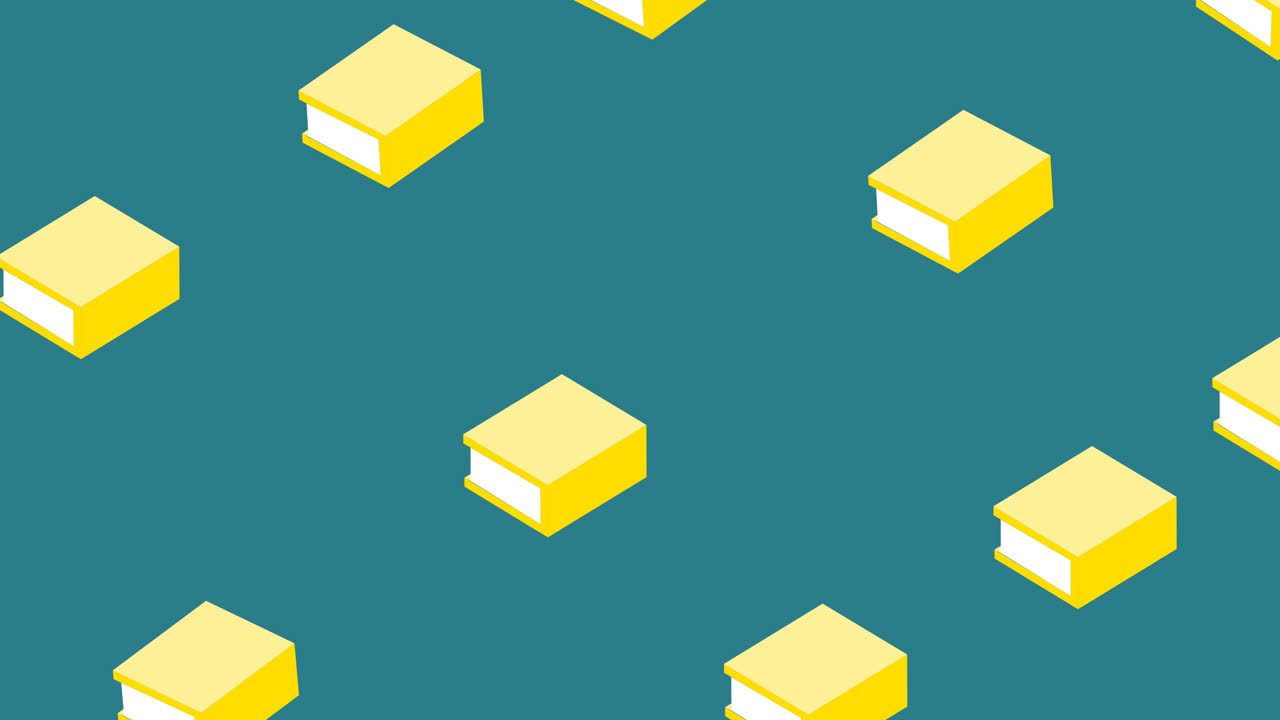Animation of repeated yellow books moving over mid blue background ...