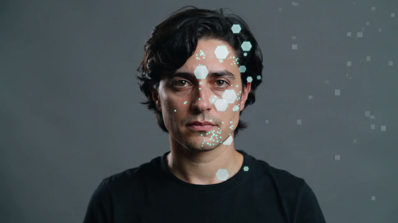 Projector projecting hex shapes onto man's face in studio in dark tee, mapping with particles