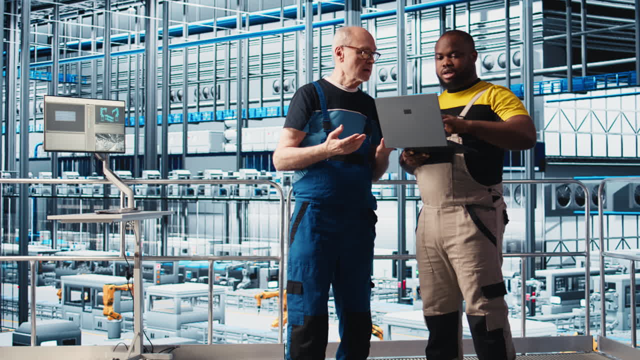 Smart factory senior engineer teaches intern to implement automated workflows