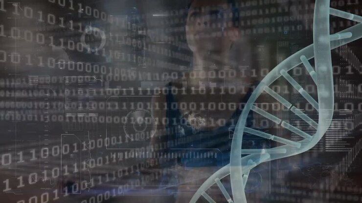 Animation of dna strand and data processing over biracial woman exercising