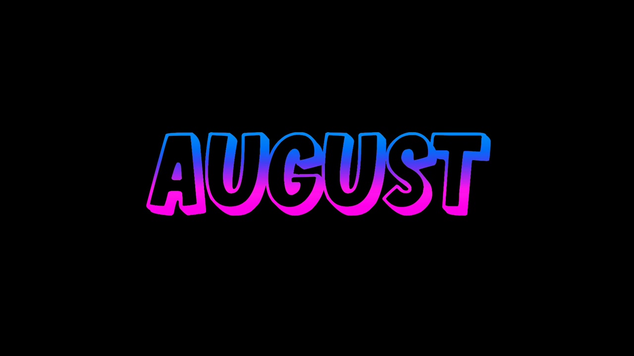 Animazione di testo neon di agosto con effetto sfumato luminoso blu e rosa su sfondo nero. Tipografia luminosa moderna che presenta il mese di dicembre in uno stile neon vibrante.