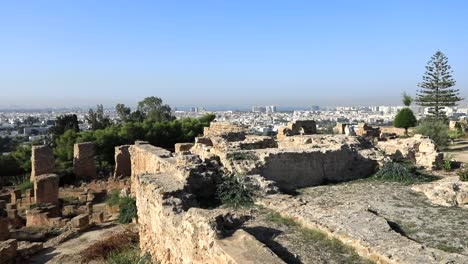 ruins of ancient carthage with clear sky, overlooking modern city in tunisia, daytime