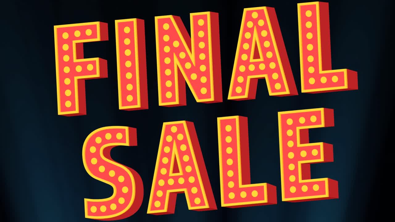 추상적인 배경 위에 빨간색 최종 판매 텍스트의 노란색 점의 애니메이션.