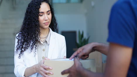 woman, box and delivery man by door for courier