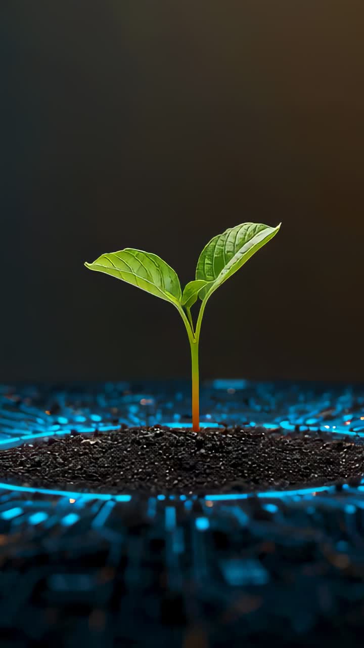 Vertical video: Starting green sprout growing from soil and leaves opening on blue base in studio