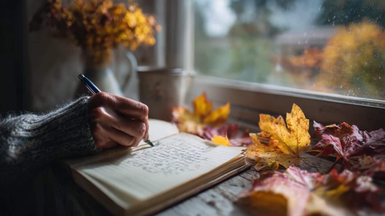 A Cozy Autumn Scene Captured in Two Frames: Writing in a Notebook Amidst Falling Leaves and a Warm, Inviting Atmosphere from a Window View