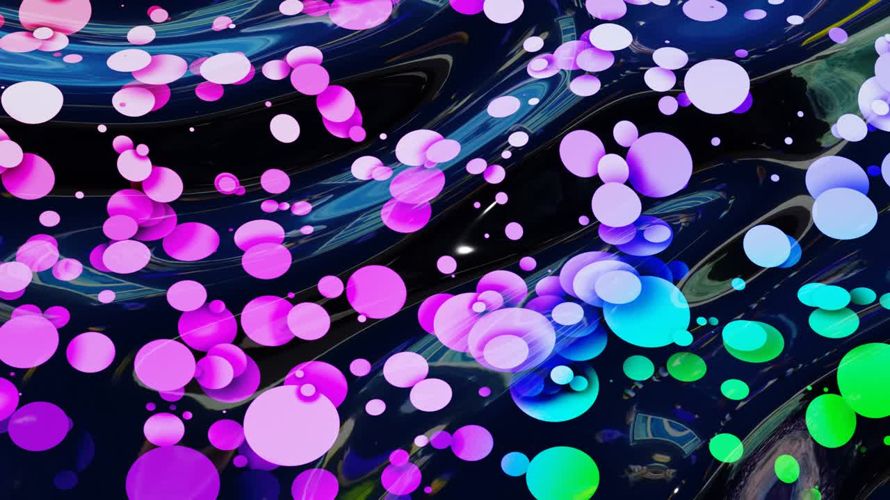 빛나는 반이는 표면의 추상적인 루프 된 배경은 무지개 색의 원과 함께 파란 투명한 액체처럼 4k의 색 gradient와 함께 아름다운 창조적 인 배경입니다.