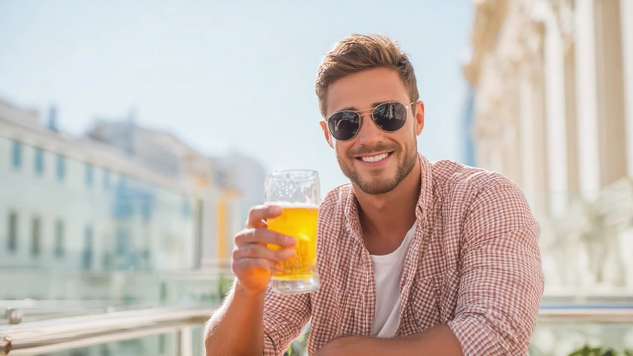 Young man enjoying a drink at a sunny outdoor cafe terrace