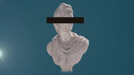 animation of head sculpture with black stripe over eyes on blue background