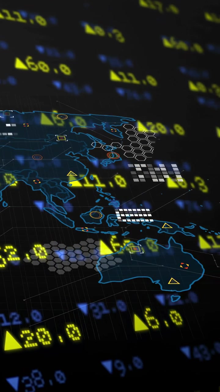 Vertical video: Tickers shining starting HUD animating APAC map overlays nodes linking to show data