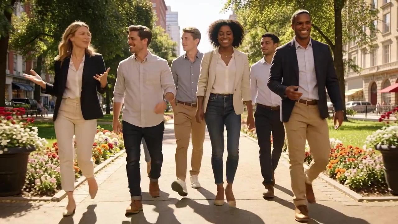 Approaching camera, six colleagues walking, discussing work and gesturing on park walkway, blazers