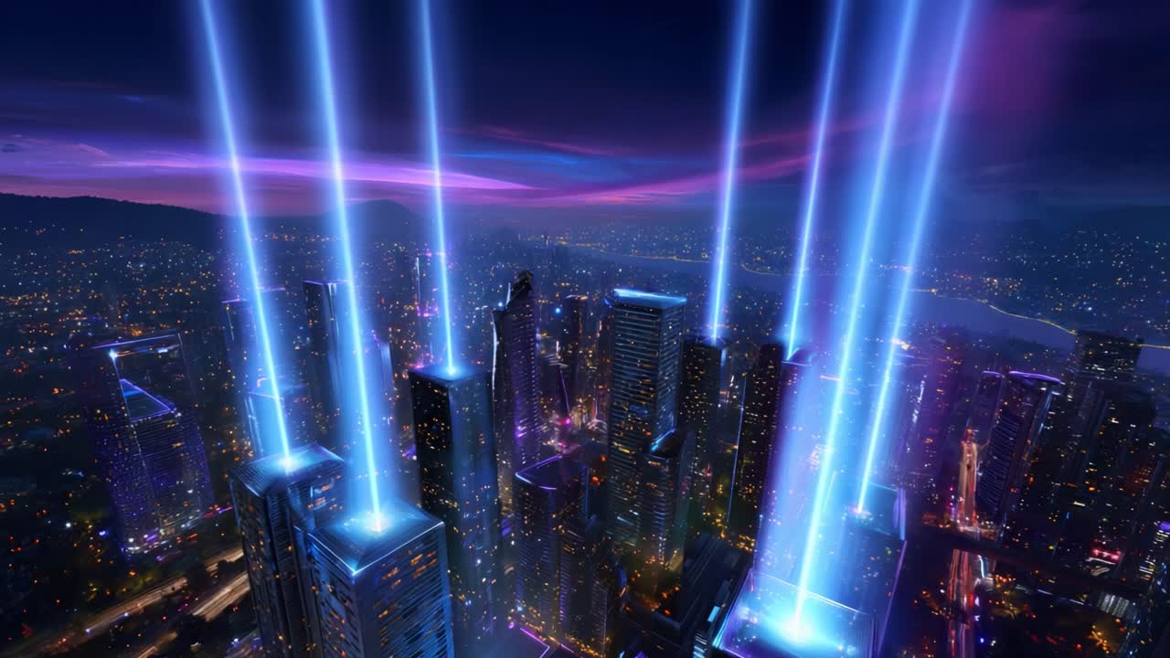 A Stunning Aerial View of a Futuristic Cityscape at Night, Illuminated by Dramatic Blue Beams of Light Piercing the Skyline, Showcasing Modern Architecture and a Vibrant Urban Environment