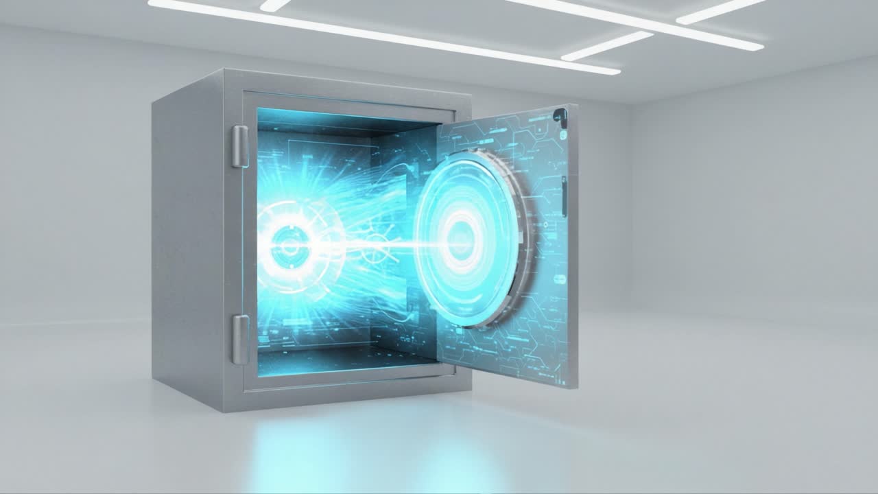 A High-Tech Digital Safe with Futuristic Glow Effect Illustrating Data Security and Protection Concepts in a Modern Environment