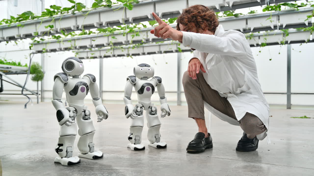 Laboratory technician in a white coat interacting with two humanoid robots in a greenhouse farm