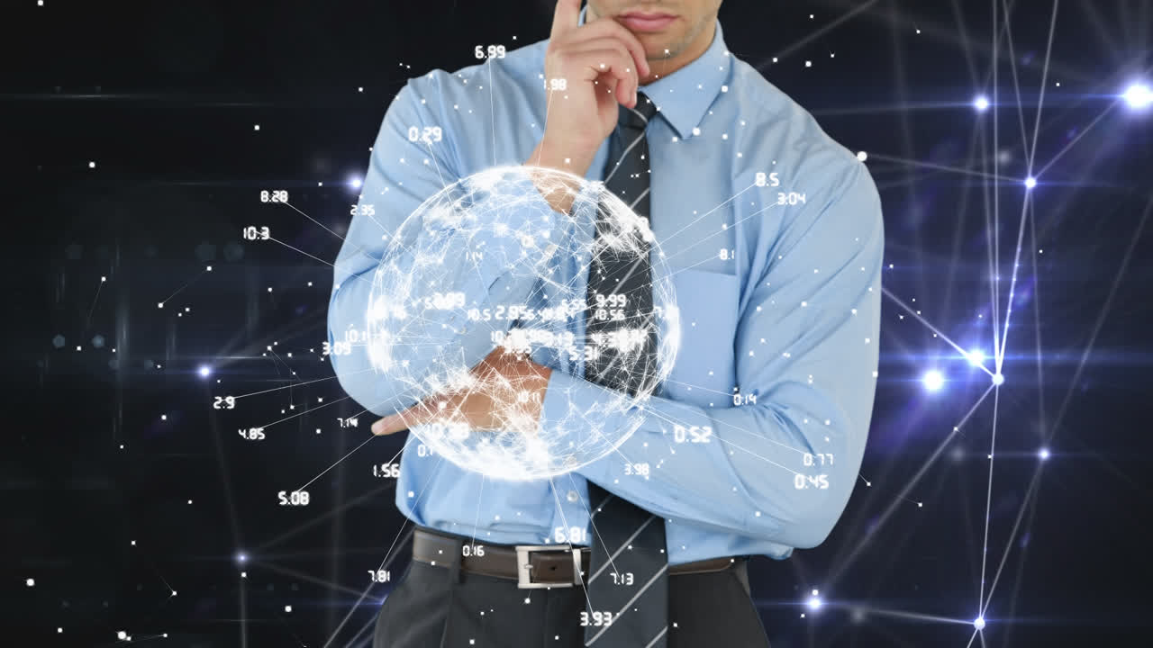 디지털 지구를 바라보는 사업가와 배경에 애니메이션 데이터