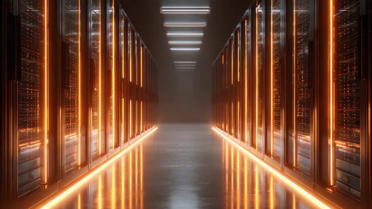 Et fantastisk indblik i et moderne datacenter: Futuristiske serverreoler oplyst af levende orange lys i et højteknologisk miljø