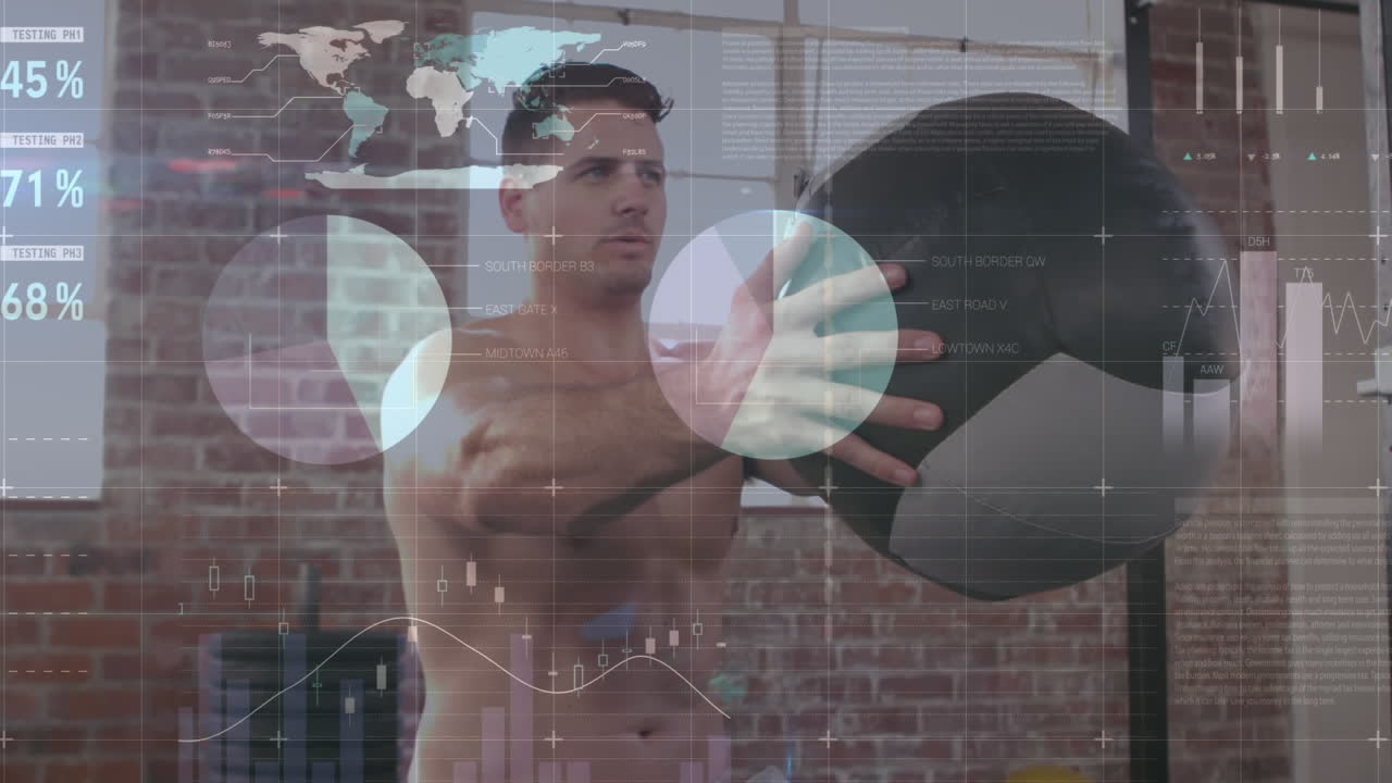 animación del procesamiento de datos y estadísticas sobre el ejercicio de hombres fuertes