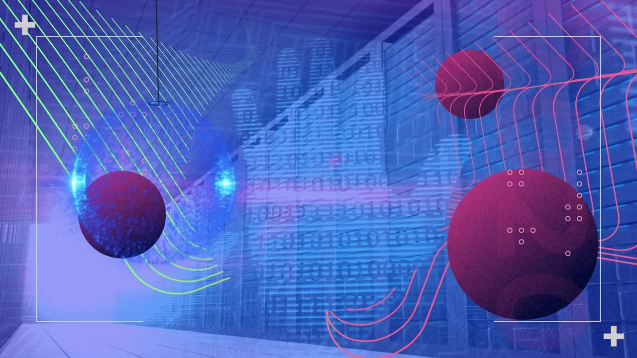 Animation of data processing with spots and hands over server room