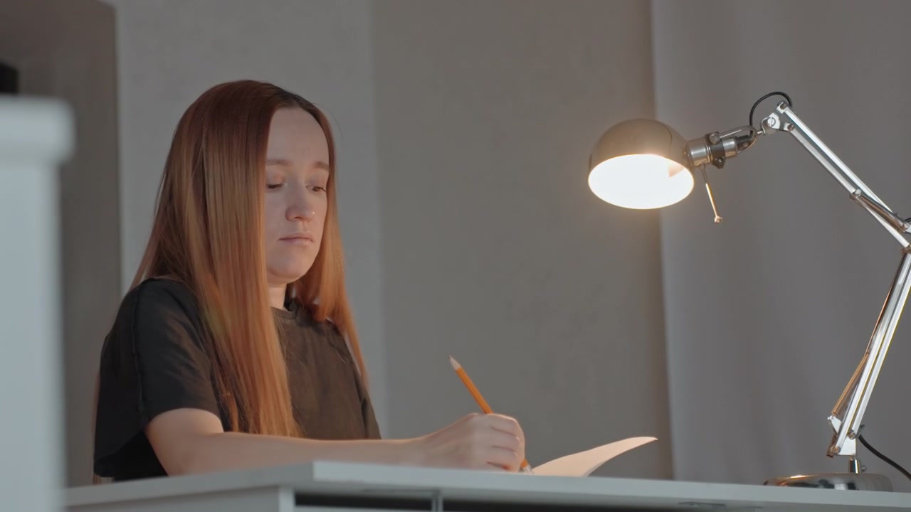 Giovane donna con lunghi capelli lisci scrive. La donna tiene una matita arancione e occasionalmente gesticola. La scena presenta un'illuminazione costante, pareti neutre e un'inquadratura semplice.