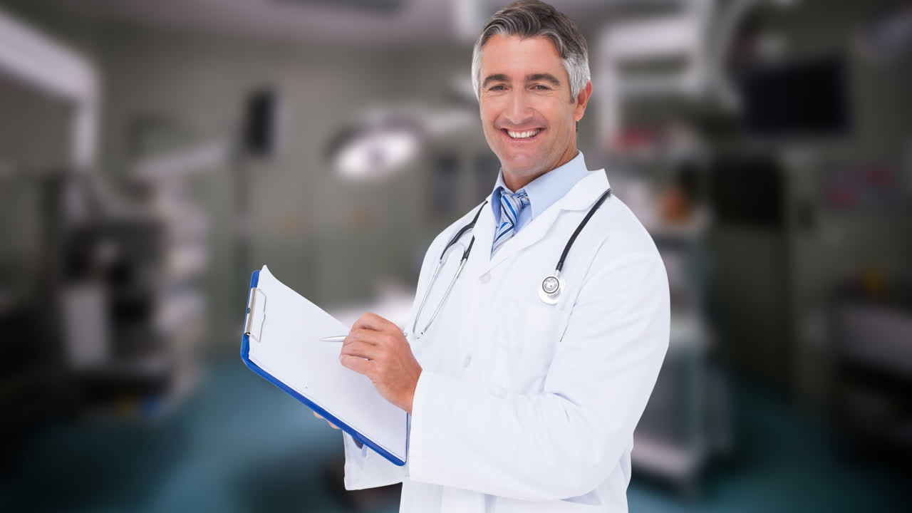 Animação de médico caucasiano sorridente com prancheta em sala de cirurgia