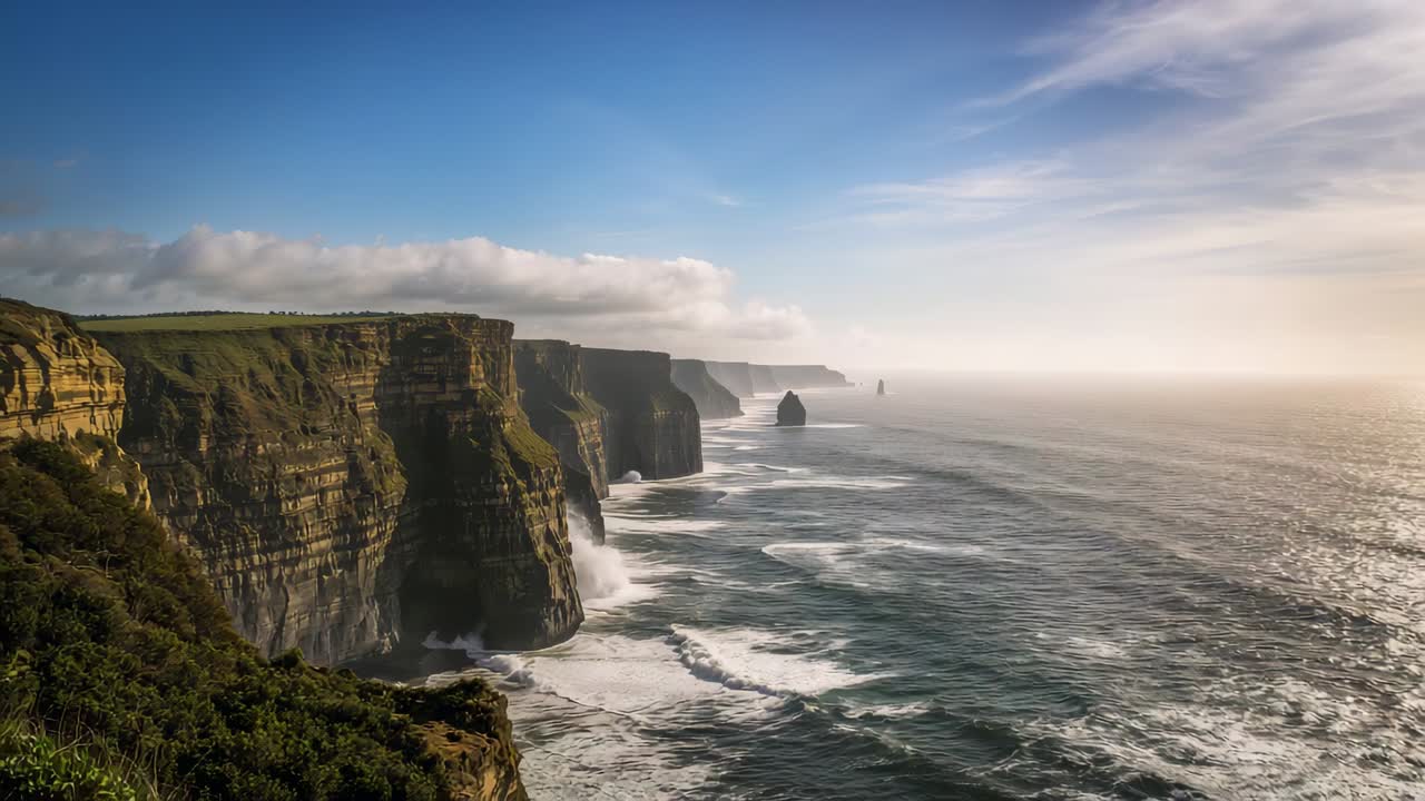 Panning camera revealing tall cliffs along coast, and showing waves breaking and sea stacks