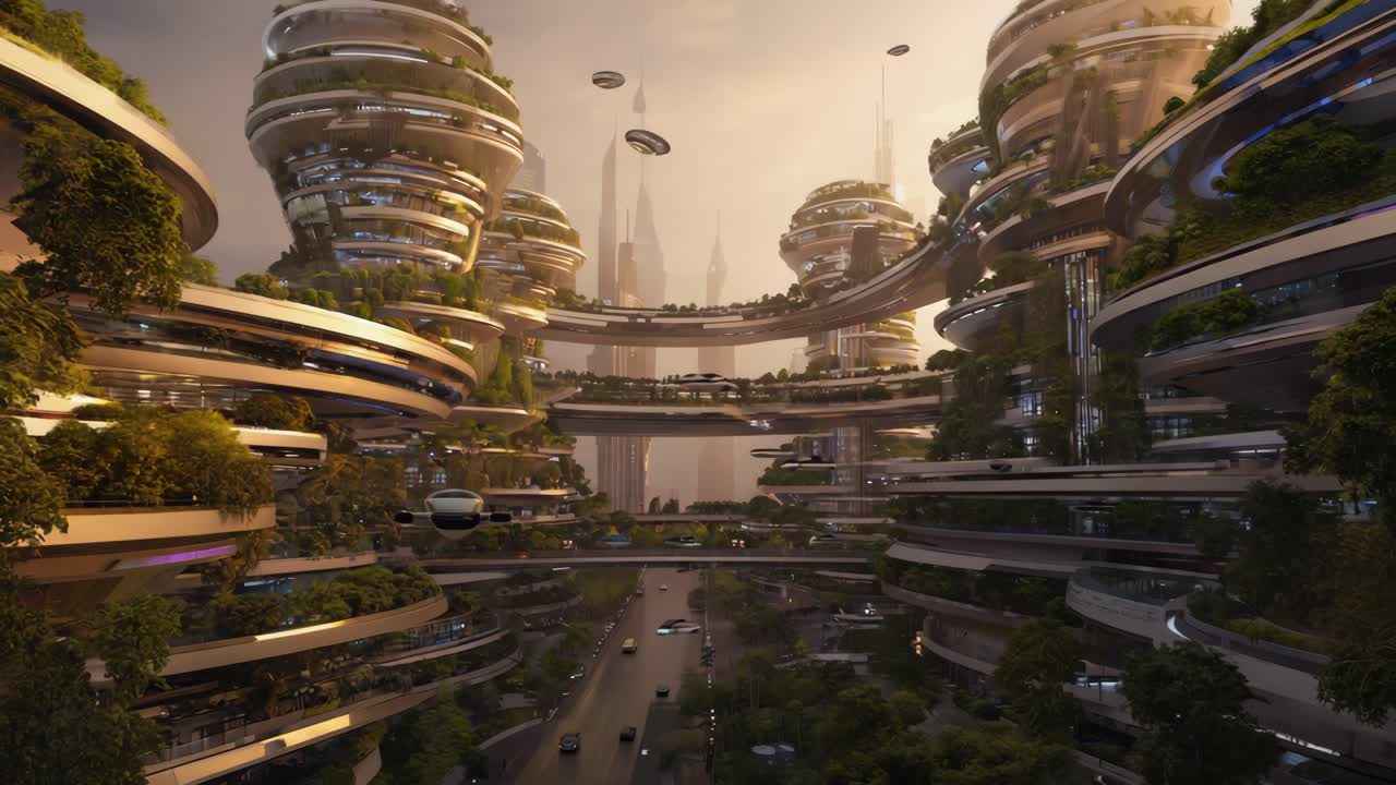 Futuristic Eco-City with Green Skyscrapers and Flying Vehicles