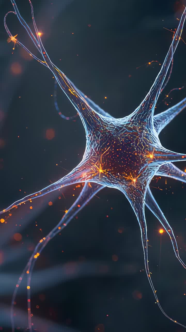 Vertical video: Sending yellow pulses along neuron cell dendrites in dark field, drifting dots