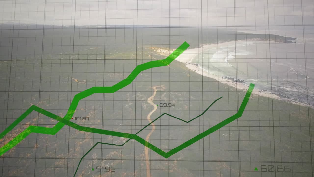 Green graph lines appearing from lower-left, moving across grid and showing coastal data trends