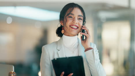 Business-woman,-tablet-and-phone-call-in-night