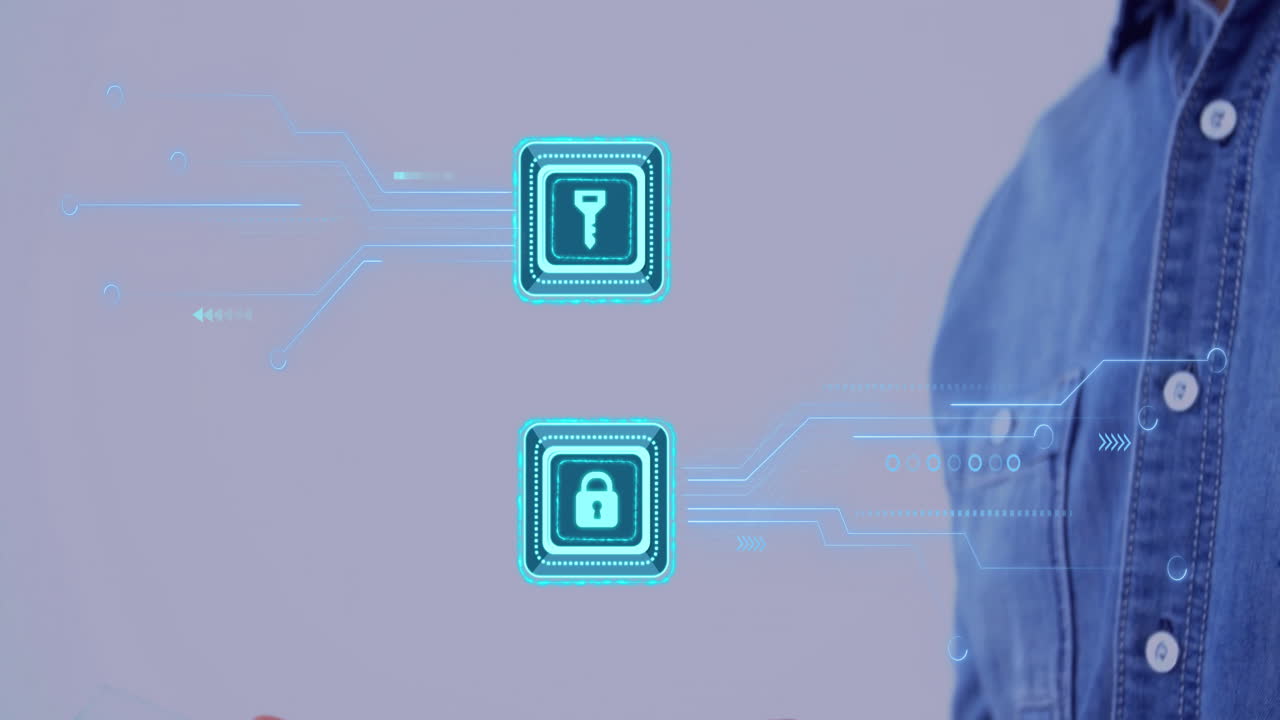 Man interacting with holographic key and lock icons via turquoise lines for digital security