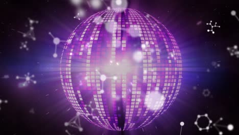 Animation-of-flying-molecules-over-purple-mirror-ball