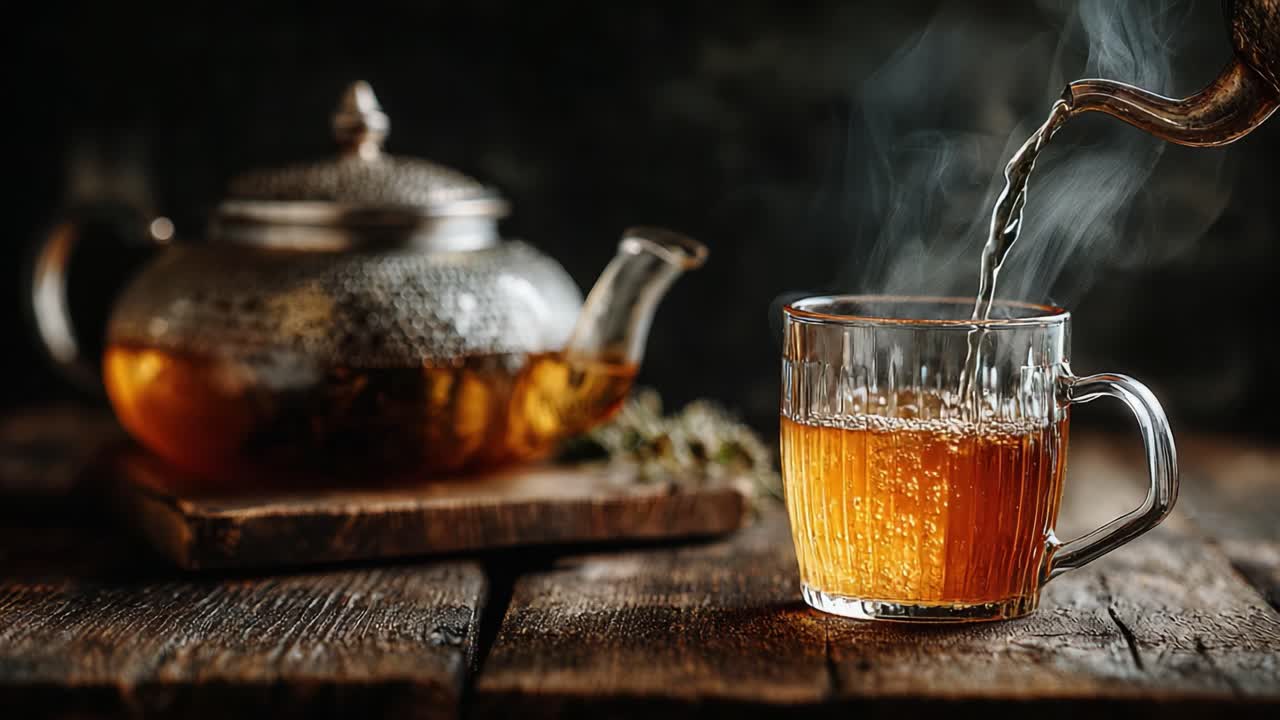 Steaming Brew: A Beautifully Crafted Tea Pour from a Delicate Teapot into a Clear Glass Cup, Showcasing the Richness and Aroma of Freshly Made Tea