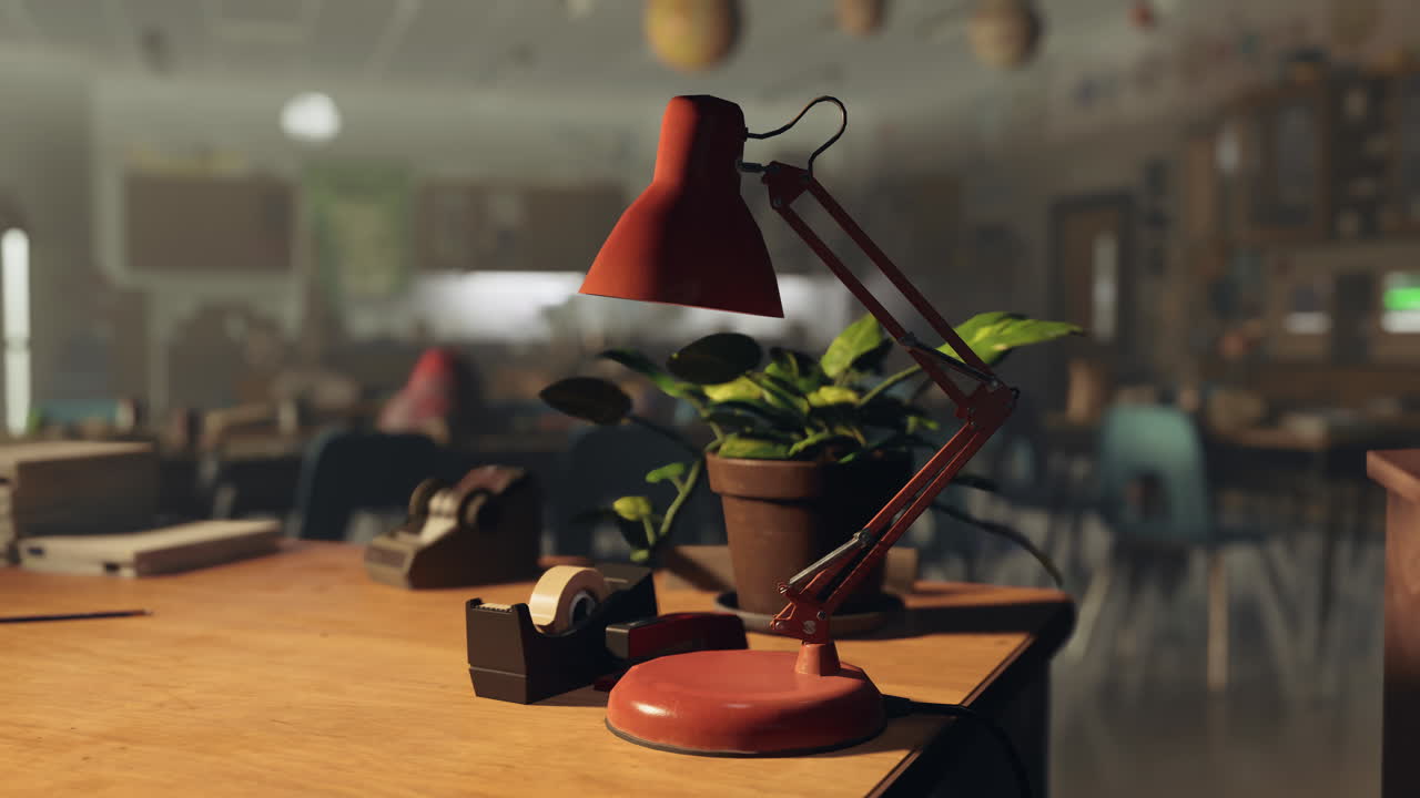 lámpara de escritorio roja en la mesa con planta